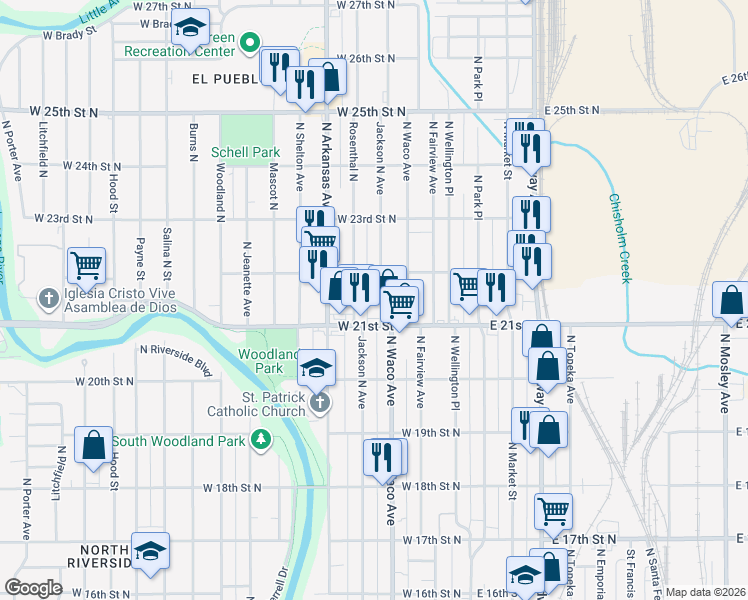 map of restaurants, bars, coffee shops, grocery stores, and more near 2231 Jackson North Avenue in Wichita