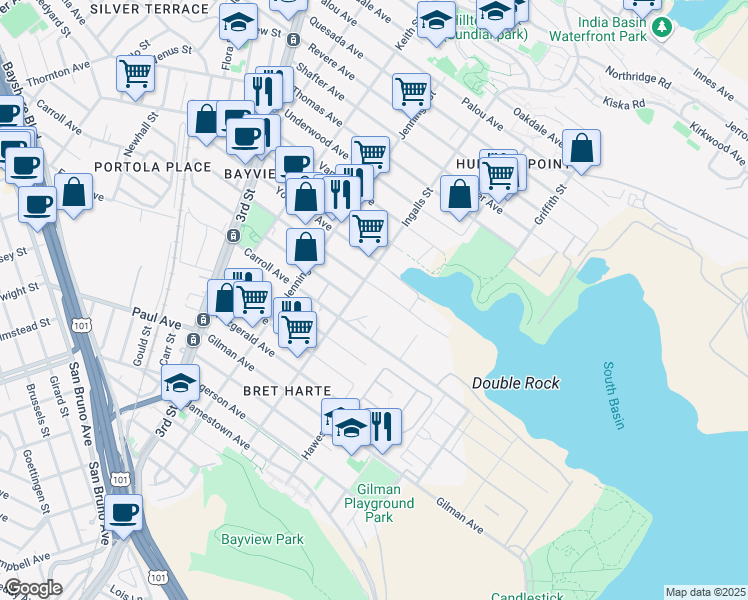 map of restaurants, bars, coffee shops, grocery stores, and more near 1339 Armstrong Avenue in San Francisco