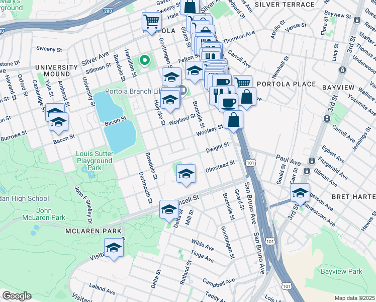 map of restaurants, bars, coffee shops, grocery stores, and more near 25 Karen Ct in San Francisco