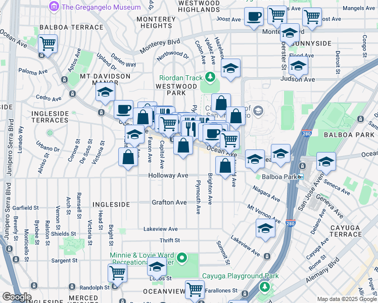 map of restaurants, bars, coffee shops, grocery stores, and more near 272 Granada Avenue in San Francisco