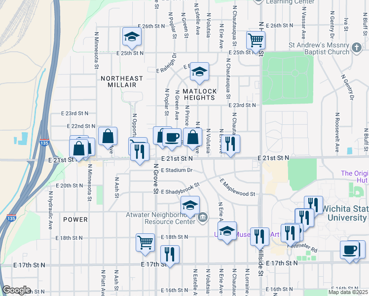map of restaurants, bars, coffee shops, grocery stores, and more near 2218 North Prince Street in Wichita
