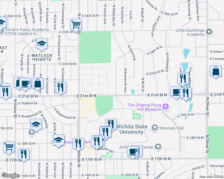 map of restaurants, bars, coffee shops, grocery stores, and more near 2221 North Yale Avenue in Wichita
