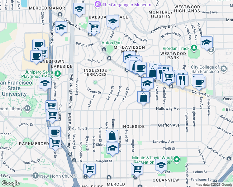 map of restaurants, bars, coffee shops, grocery stores, and more near 625 Urbano Drive in San Francisco