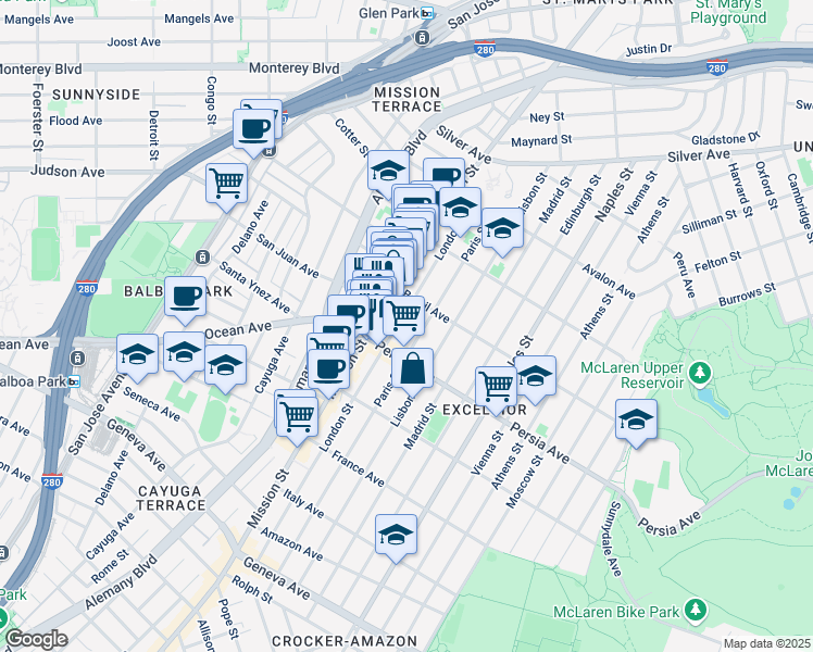 map of restaurants, bars, coffee shops, grocery stores, and more near 347 London Street in San Francisco