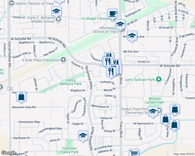 map of restaurants, bars, coffee shops, grocery stores, and more near 982 Vernon Berry Lane in Tracy