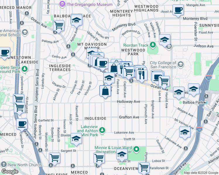 map of restaurants, bars, coffee shops, grocery stores, and more near 301 De Montfort Avenue in San Francisco