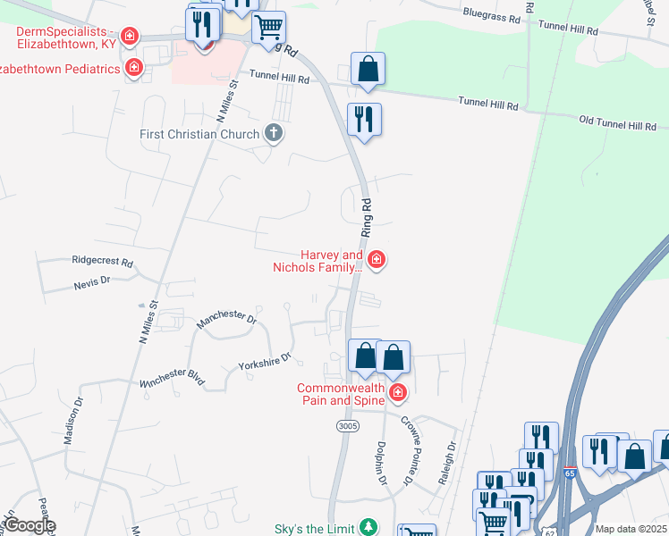 map of restaurants, bars, coffee shops, grocery stores, and more near 1704 Cliff Ridge Court in Elizabethtown