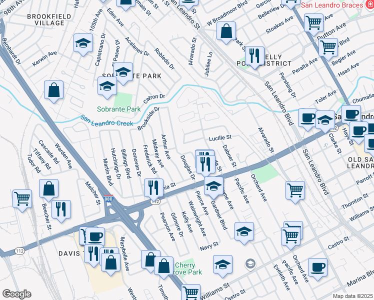 map of restaurants, bars, coffee shops, grocery stores, and more near 918 Douglas Drive in San Leandro