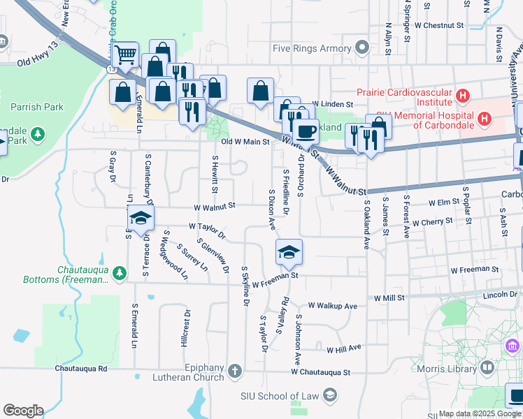 map of restaurants, bars, coffee shops, grocery stores, and more near 1305 West Walnut Street in Carbondale
