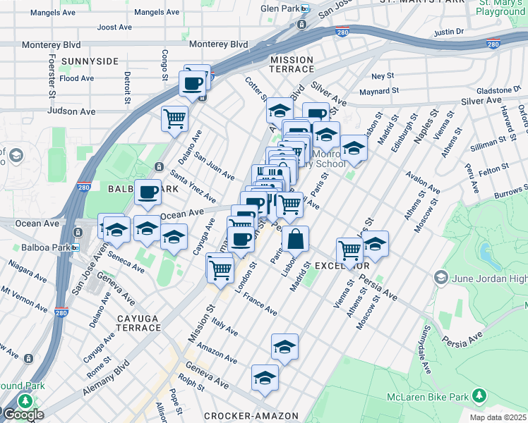 map of restaurants, bars, coffee shops, grocery stores, and more near 4680 Mission Street in San Francisco