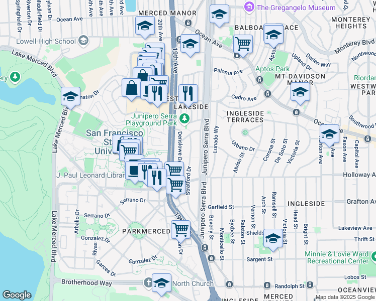 map of restaurants, bars, coffee shops, grocery stores, and more near 62 Stratford Drive in San Francisco