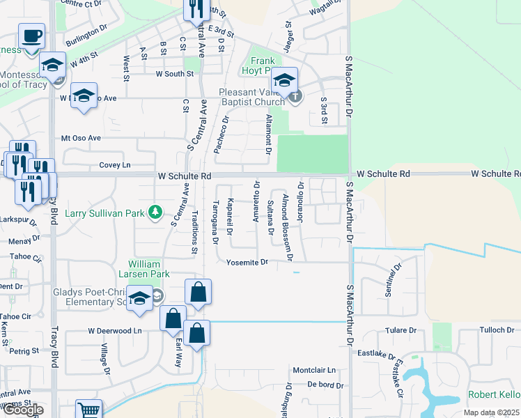 map of restaurants, bars, coffee shops, grocery stores, and more near 910 Amaretto Drive in Tracy