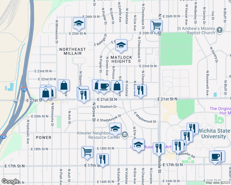 map of restaurants, bars, coffee shops, grocery stores, and more near 2218 North Prince Street in Wichita
