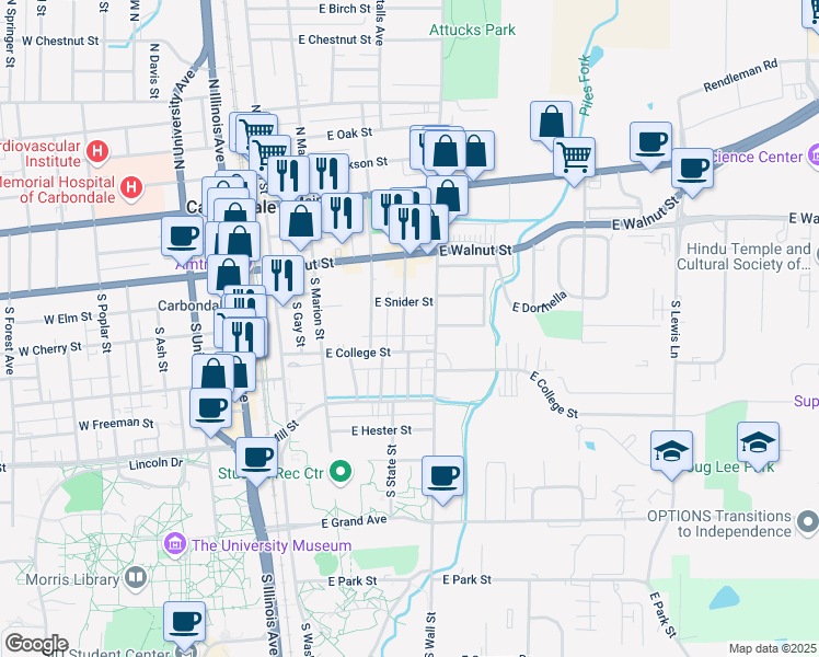 map of restaurants, bars, coffee shops, grocery stores, and more near 417 South Graham Avenue in Carbondale
