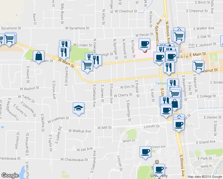 map of restaurants, bars, coffee shops, grocery stores, and more near 402 South Forest Avenue in Carbondale
