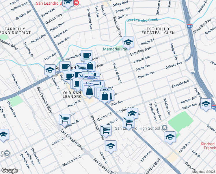 map of restaurants, bars, coffee shops, grocery stores, and more near 1588 Santa Rosa Street in San Leandro