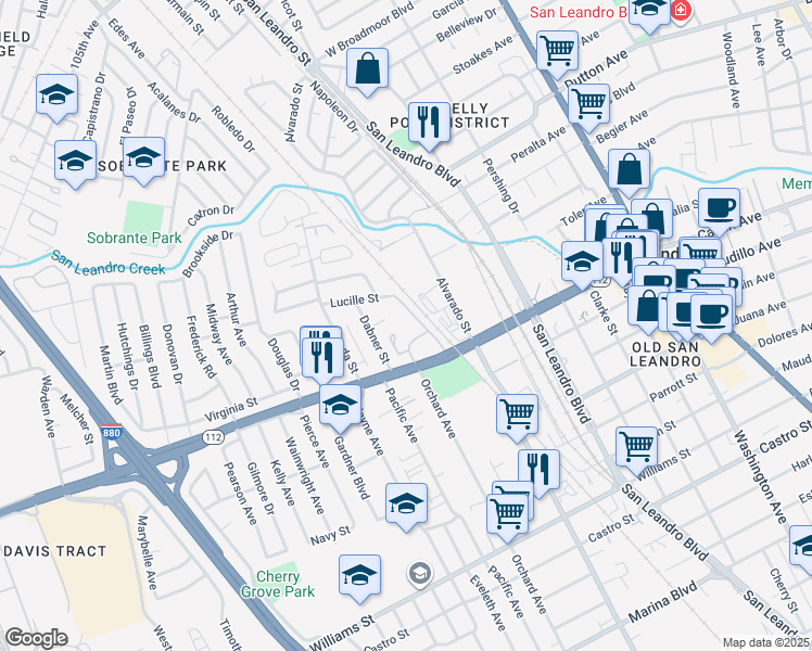 map of restaurants, bars, coffee shops, grocery stores, and more near 101 Lucille Street in San Leandro