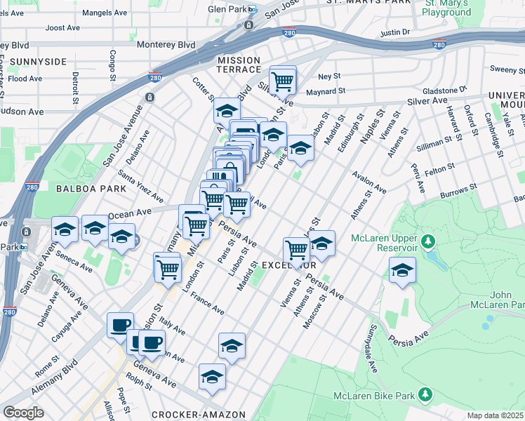 map of restaurants, bars, coffee shops, grocery stores, and more near 224 Brazil Avenue in San Francisco