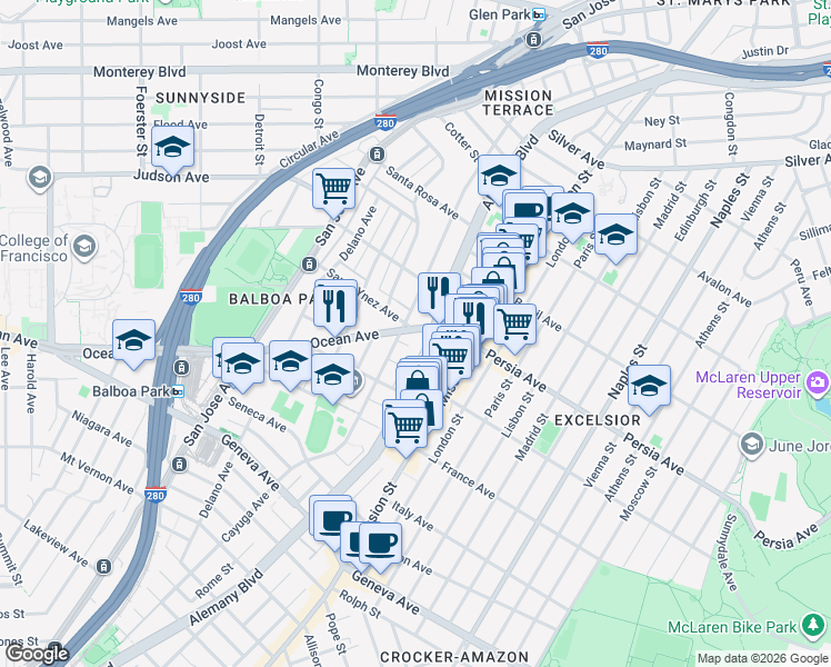 map of restaurants, bars, coffee shops, grocery stores, and more near in San Francisco