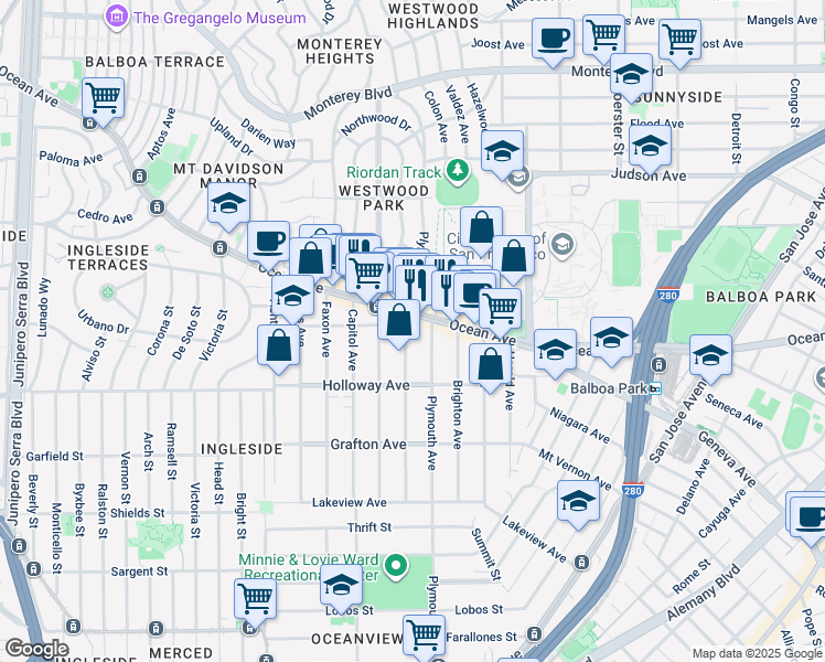 map of restaurants, bars, coffee shops, grocery stores, and more near 272 Granada Avenue in San Francisco
