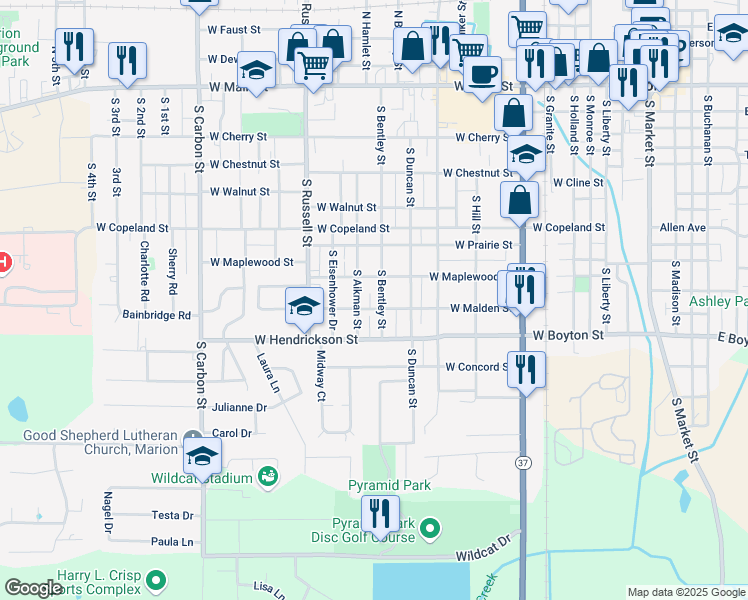 map of restaurants, bars, coffee shops, grocery stores, and more near 809 South Aikman Street in Marion