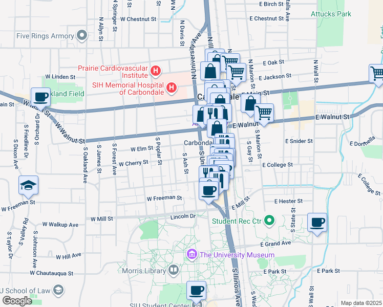map of restaurants, bars, coffee shops, grocery stores, and more near 408 South University Avenue in Carbondale
