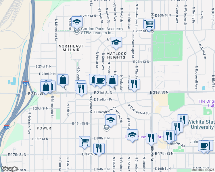map of restaurants, bars, coffee shops, grocery stores, and more near 2218 North Prince Street in Wichita