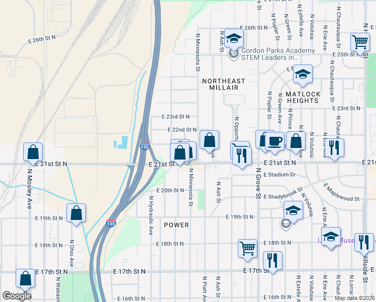 map of restaurants, bars, coffee shops, grocery stores, and more near 2222 North Minneapolis Street in Wichita