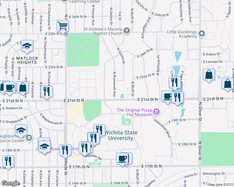 map of restaurants, bars, coffee shops, grocery stores, and more near 2220 North Roosevelt Avenue in Wichita