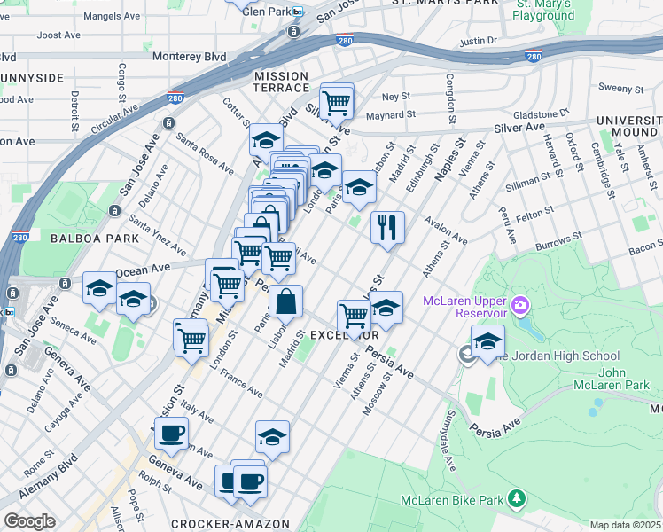 map of restaurants, bars, coffee shops, grocery stores, and more near 327 Brazil Avenue in San Francisco