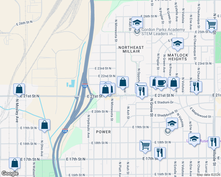 map of restaurants, bars, coffee shops, grocery stores, and more near 2222 North Minneapolis Street in Wichita