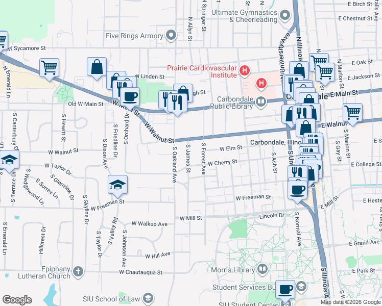 map of restaurants, bars, coffee shops, grocery stores, and more near 402 South Forest Avenue in Carbondale