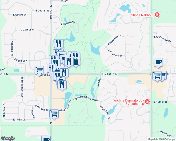 map of restaurants, bars, coffee shops, grocery stores, and more near 2256 North Tallgrass Street in Wichita
