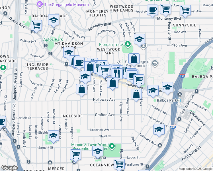 map of restaurants, bars, coffee shops, grocery stores, and more near 2 Miramar Avenue in San Francisco