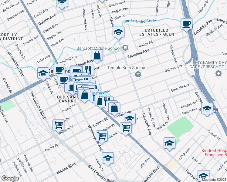 map of restaurants, bars, coffee shops, grocery stores, and more near 479 Dolores Avenue in San Leandro