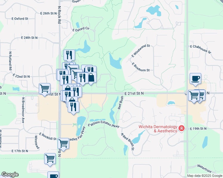 map of restaurants, bars, coffee shops, grocery stores, and more near 8600 East 21st Street North in Wichita