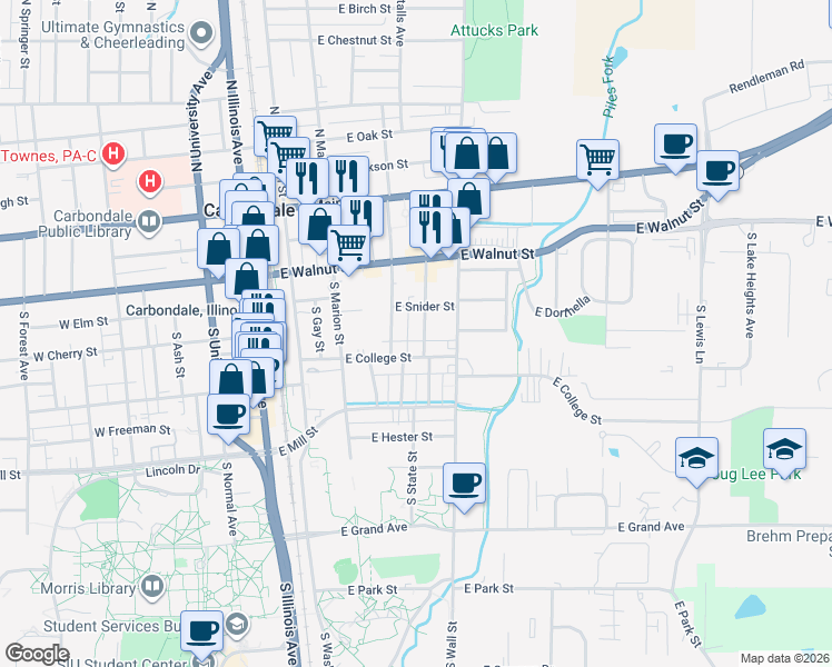 map of restaurants, bars, coffee shops, grocery stores, and more near 418 South Graham Avenue in Carbondale