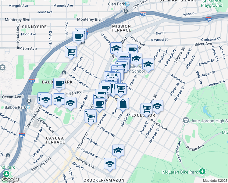 map of restaurants, bars, coffee shops, grocery stores, and more near 4680 Mission Street in San Francisco