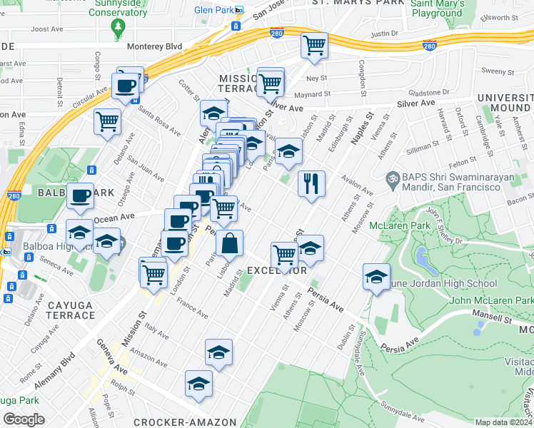 map of restaurants, bars, coffee shops, grocery stores, and more near 327 Brazil Avenue in San Francisco