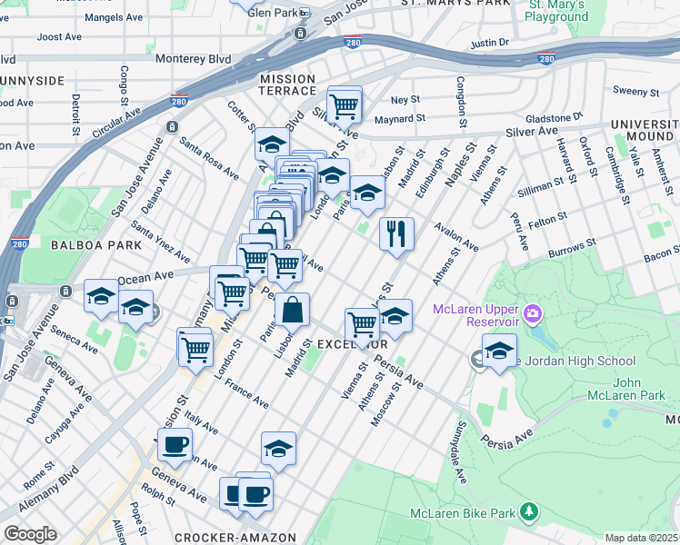 map of restaurants, bars, coffee shops, grocery stores, and more near 327 Brazil Avenue in San Francisco
