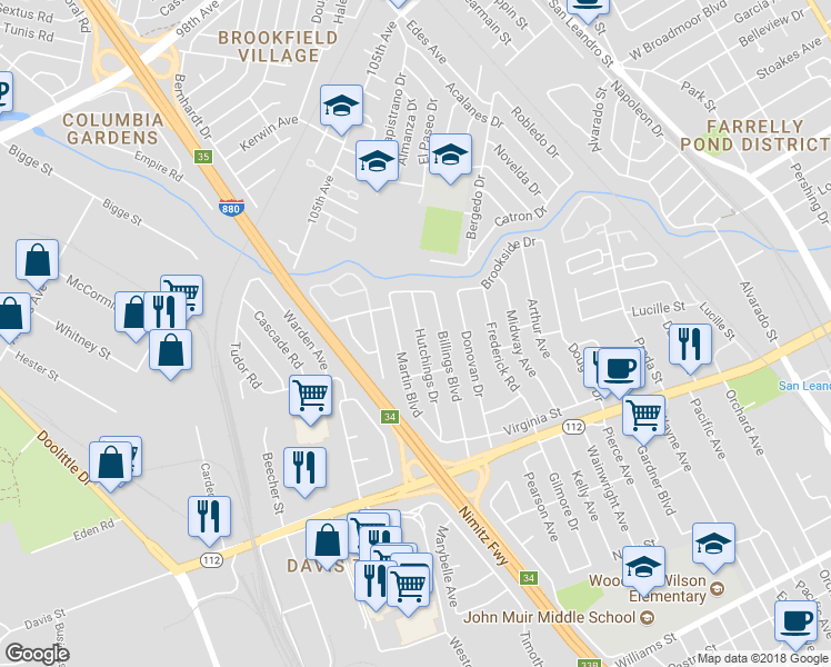 map of restaurants, bars, coffee shops, grocery stores, and more near 781 Hutchings Drive in San Leandro