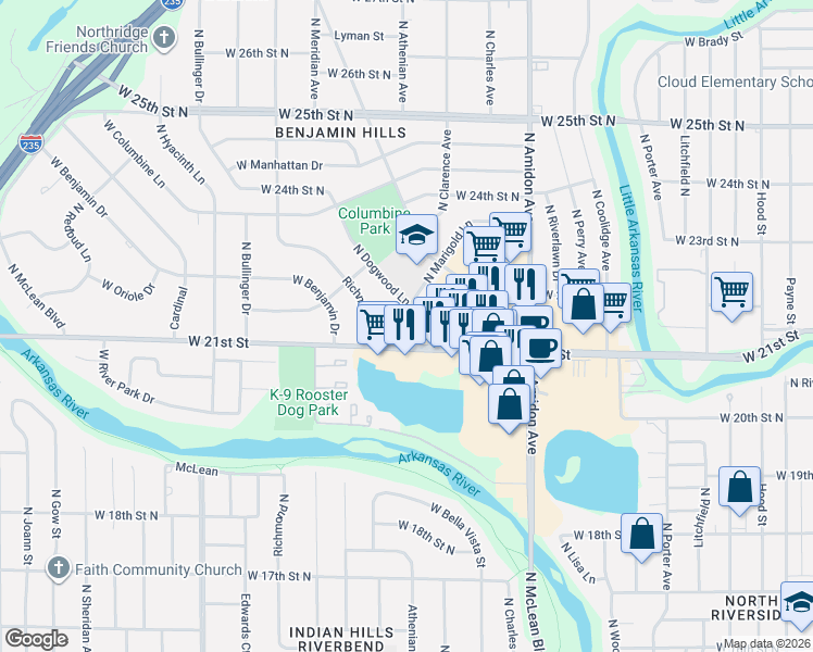 map of restaurants, bars, coffee shops, grocery stores, and more near 2222 North Marigold Lane in Wichita