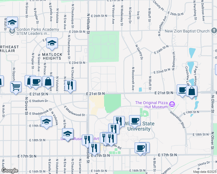 map of restaurants, bars, coffee shops, grocery stores, and more near 3414 East 21st Street North in Wichita