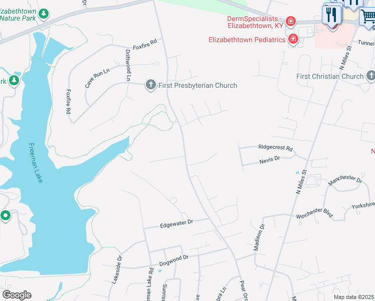 map of restaurants, bars, coffee shops, grocery stores, and more near 801 Pear Orchard Road in Elizabethtown