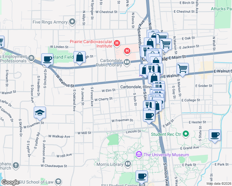 map of restaurants, bars, coffee shops, grocery stores, and more near 403 South Poplar Street in Carbondale