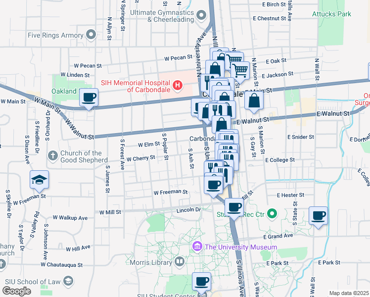 map of restaurants, bars, coffee shops, grocery stores, and more near 405 Cherry Court in Carbondale