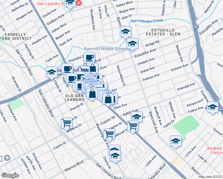 map of restaurants, bars, coffee shops, grocery stores, and more near 1588 Santa Rosa Street in San Leandro