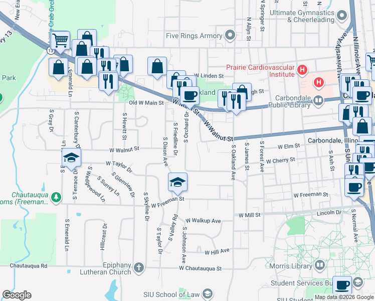 map of restaurants, bars, coffee shops, grocery stores, and more near 427 South Orchard Drive in Carbondale