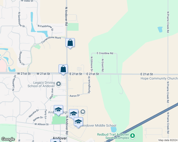 map of restaurants, bars, coffee shops, grocery stores, and more near 2201 North Gilmore Drive in Andover