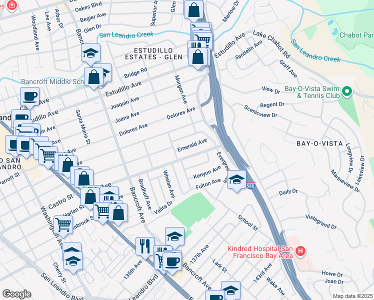 map of restaurants, bars, coffee shops, grocery stores, and more near 835 Emerald Avenue in San Leandro